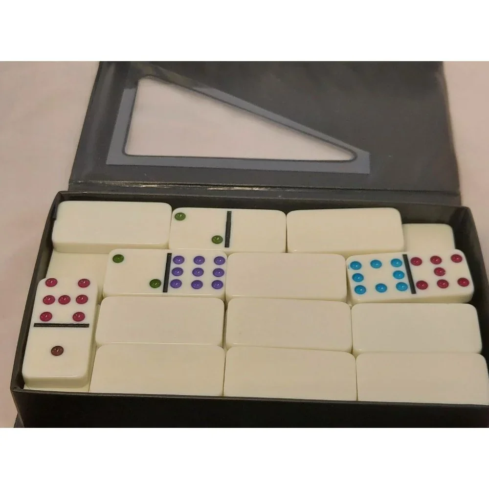 Double Nine Professional Dominoes Set of 55 with case multicolor dots vintage
